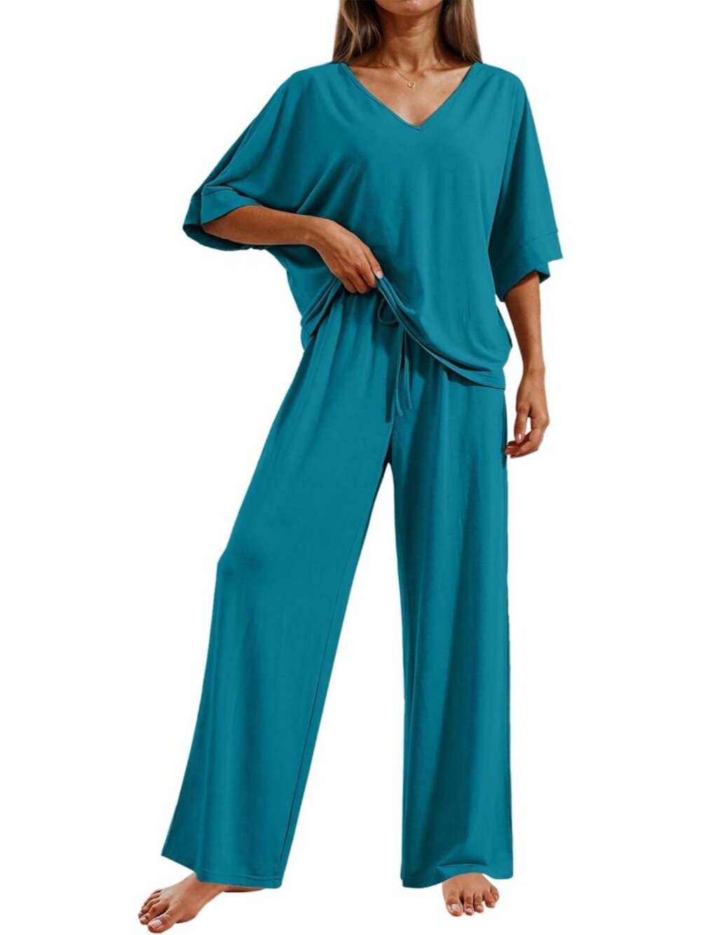 Women's Blue Green Casual V Neck Short Sleeve Sleepwear 2 Piece Pajama Sets